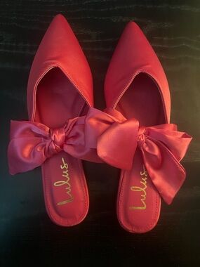 Lulu's Pink Satin Bow Pointed Mules